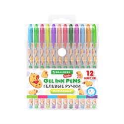 Ручки гелевые НЕОНОВЫЕ BRAUBERG KIDS "CUTE ANIMALS", НАБОР 12 ЦВЕТОВ, корпус с печатью, узел 1 мм, линия письма 0,7 мм, 144444 - фото 16371100