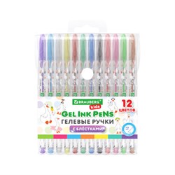 Ручки гелевые С БЛЕСТКАМИ BRAUBERG KIDS "CUTE ANIMALS", НАБОР 12 ЦВЕТОВ, корпус с печатью, узел 1 мм, линия письма 0,7 мм, 144446 - фото 16371102