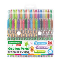 Ручки гелевые BRAUBERG KIDS "CUTE ANIMALS", НАБОР 36 ЦВЕТОВ, корпус с печатью, узел 1 мм, линия письма 0,7 мм, 144448 - фото 16371104