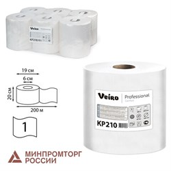 Полотенца бумажные с центральной вытяжкой 200 м, VEIRO (Система M2) COMFORT, 1-слойные, белые, КОМПЛЕКТ 6 рулонов, KP210, КР210 - фото 16562133