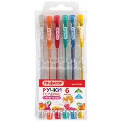 Ручки гелевые ПИФАГОР, НАБОР 6 ЦВЕТОВ, БЛЕСТКИ, корпус прозрачный, узел 0,7 мм, линия письма 0,5 мм, 142796 - фото 16562255