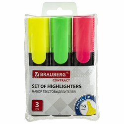 Набор текстовыделителей BRAUBERG 3 шт., АССОРТИ, "Contract", линия 1-5 мм, 150395 - фото 16562376