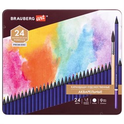 Карандаши художественные цветные акварельные BRAUBERG ART PREMIERE, 24 цвета, грифель 4 мм, металл, 181534 - фото 16562573
