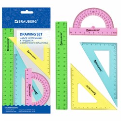 Набор чертежный средний BRAUBERG "Crystal" (линейка 20 см, 2 угольника, транспортир), цветной, 210296 - фото 16562821