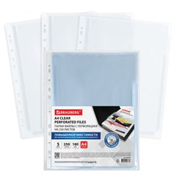 Папки-файлы перфорированные БОЛЬШОЙ ВМЕСТИМОСТИ до 250 листов, A4, КОМПЛЕКТ 5 шт., 180 мкм, BRAUBERG, 224315 - фото 16562938