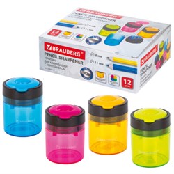 Точилка BRAUBERG "Office Round", 2 отверстия для чернографитных карандашей (в том числе утолщенных), с контейнером, ассорти, 228446 - фото 16563053