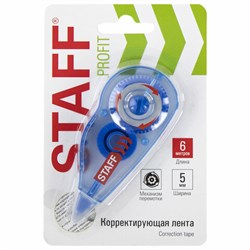 Корректирующая лента STAFF PROFIT, 5 мм х 6 м, механизм перемотки, корпус голубой, блистер, европодвес, 271254 - фото 16563595