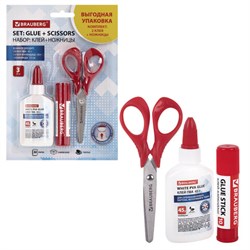 Набор: клей + ножницы BRAUBERG (клей-карандаш PVP 10 г, клей ПВА 45 г, ножницы 13 см), блистер, 271979 - фото 16563675