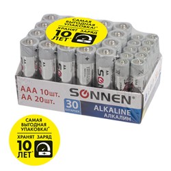 Батарейки КОМПЛЕКТ 30 (20+10) шт., SONNEN Alkaline, AA+ААА (LR6+LR03), в коробке, 455097 - фото 16565873