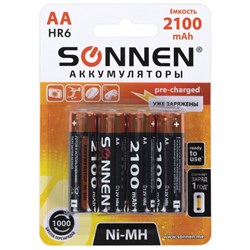 Батарейки аккумуляторные Ni-Mh пальчиковые КОМПЛЕКТ 4 шт., АА (HR6) 2100 mAh, SONNEN, 455606 - фото 16565887