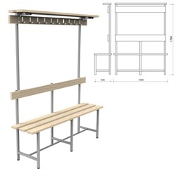 Скамья с вешалкой, спинкой и полкой "СВТ 8", 1760х1500х395 мм, 10 крючков, регулируемые опоры, каркас металлический серый, сиденье дерево - фото 16566648