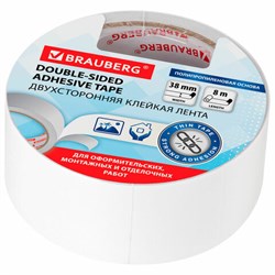 Клейкая двухсторонняя лента 38 мм х 8 м, ПОЛИПРОПИЛЕНОВАЯ ОСНОВА, 90 мкм, BRAUBERG, 600483 - фото 16567053