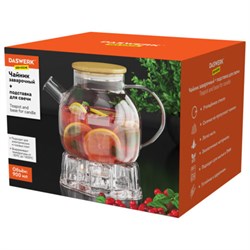 Чайник заварочный 900 мл "Бочонок", жаропрочное стекло, подставка для свечи, сито, DASWERK (ДАСВЕРК), 608646 - фото 16567532