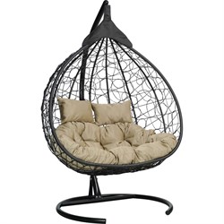 Подвесное двухместное кресло-кокон Лаура FISHT черное + черный каркас, подушка бежевая FIS - фото 16712026