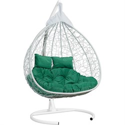 Подвесное двухместное кресло-кокон Лаура FISHT белое + белый каркас, подушка зеленая FIS - фото 16716231