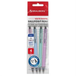 Ручки шариковые автоматические BRAUBERG "VIVID PASTEL", СИНИЕ, НАБОР 4 ШТУКИ, soft-touch, пишущий узел 0,7 мм, линия письма 0,35 мм, 144408 - фото 17000783
