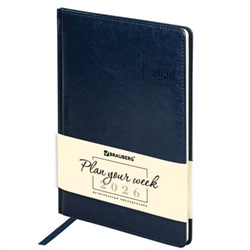 Еженедельник датированный 2026, БОЛЬШОЙ ФОРМАТ 210х297 мм, А4, BRAUBERG "Imperial", под кожу, синий, 117157 - фото 17072546