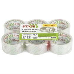 Клейкие ленты упаковочные 48 мм х 66 м, КОМПЛЕКТ 6 шт., прозрачные, 40 микрон, STAFF CLASSIC, 440181 - фото 17137663