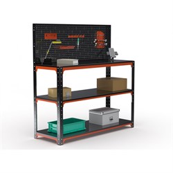 Стол-верстак ООО Металекс серия KIT 950х1400х400 мм, две полки + перфопанель с комплектом аксессуаров, оранжево-чёрный - фото 17171753