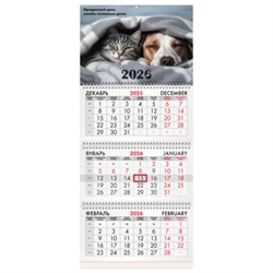 Календарь квартальный на 2026 г., 3 блока, 3 гребня, бегунок, офсет, BRAUBERG, "Домашние любимцы", 116763 - фото 17257751