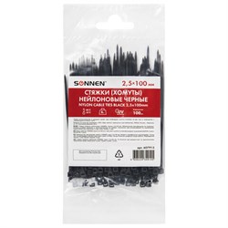Стяжка (хомут) нейлоновая сверхпрочная POWER LOCK, 2,5х100 мм, КОМПЛЕКТ 100 шт., черная, SONNEN, 607915 - фото 17283334