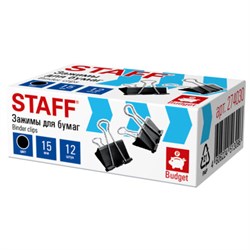 Зажимы для бумаг STAFF ECO, КОМПЛЕКТ 12 шт, 15 мм, на 45 листов, черные, картонная коробка, 274030 - фото 17345556