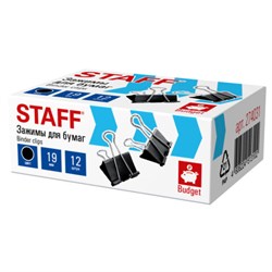 Зажимы для бумаг STAFF ECO, КОМПЛЕКТ 12 шт, 19 мм, на 60 листов, черные, картонная коробка, 274031 - фото 17345557