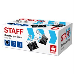 Зажимы для бумаг STAFF ECO, КОМПЛЕКТ 12 шт, 32 мм, на 140 листов, черные, картонная коробка, 274033 - фото 17345559