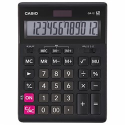 Калькулятор настольный CASIO GR-12-W (209х155 мм), 12 разрядов, двойное питание, черный, европодвес, GR-12-W-EP - фото 17347411
