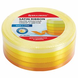 Лента атласная ширина 6 мм, ЖЕЛТЫЙ СПЕКТР набор 5 цветов по 23 м, BRAUBERG, 591495 - фото 17349324