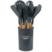 Набор силиконовых кухонных принадлежностей с деревянными ручками 12 в 1, серый, DASWERK, 608194