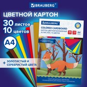 Картон цветной А4 немелованный ВОЛШЕБНЫЙ, 30л. 10цв., в папке, BRAUBERG, 200х290мм, Тигренок, 115641