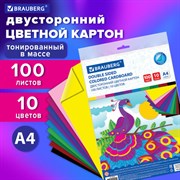 Картон цветной А4 ТОНИРОВАННЫЙ В МАССЕ, 100 листов 10 цветов, 220 г/м2, BRAUBERG, 124745