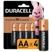 Батарейки КОМПЛЕКТ 4 шт., DURACELL Basic ОРИГИНАЛ, AA (LR6, 15А), алкалиновые, пальчиковые, MN 1500 АА LR6