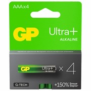 Батарейки КОМПЛЕКТ 4 шт., GP Ultra Plus G-Tech, AAA (LR03), алкалиновые, мизинчиковые, 24AUPA21-2CRSB4