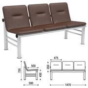 Кресло для посетителей трехсекционное "Троя", 755х1470х590 мм, светлый каркас, кожзам коричневый, СМ 105-03 К006