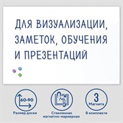 Доска магнитно-маркерная стеклянная 60х90 см, 3 магнита, БЕЛАЯ, BRAUBERG, 236747