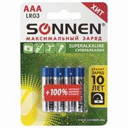 Батарейки КОМПЛЕКТ 4 шт., SONNEN Super Alkaline, AAA (LR03, 24А), алкалиновые, мизинчиковые, в блистере, 451096