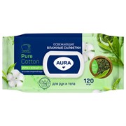 Салфетки влажные 120 шт., AURA освежающие, с пластиковым клапаном, 12827