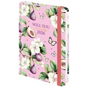 Ежедневник датированный 2026 с резинкой 145х203 мм, А5, BRAUBERG, твердый, фольга, "Инжир", 117337