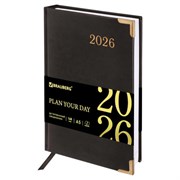 Ежедневник датированный 2026, А5, 138x213 мм, BRAUBERG "Senator", под кожу, черный, 117094