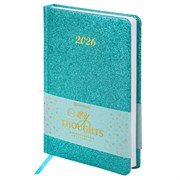 Ежедневник датированный 2026, А5, 138x213 мм, BRAUBERG "Sparkle", под кожу, блестки, бирюзовый, 117439