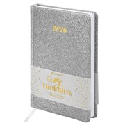 Ежедневник датированный 2026, А5, 138x213 мм, BRAUBERG "Sparkle", под кожу, блестки, серебристый, 117440