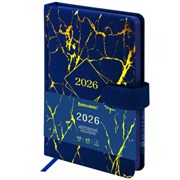 Ежедневник датированный 2026 А5 138x213 мм, BRAUBERG "Goldy", под кожу, цветной срез, синий, 117472