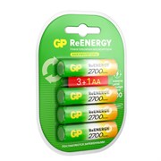 Батарейки аккумуляторные GP ReEnergy Ni-Mh КОМПЛЕКТ 4 шт. (ПРОМО 3+1), АА (HR6), 2600 mAh, 270AAHC3/1RGY, 270AAHC3/1RGY-2