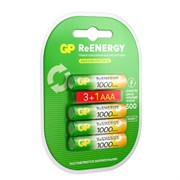 Батарейки аккумуляторные GP ReEnergy Ni-Mh КОМПЛЕКТ 4 шт. (ПРОМО 3+1), ААА (HR03), 950 mAh, 100AAAHC3/1RGY