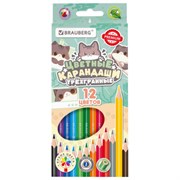 Карандаши цветные кросс-серия "МИЛЫЕ КОТЫ", 12 цветов, трехгранные, BRAUBERG, 182109