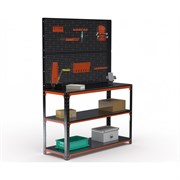 Стол-верстак ООО Металекс серия KIT 950х1100х500 мм, две полки + двойная перфопанель с комплектом аксессуаров, оранжево-чёрный
