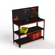 Стол-верстак ООО Металекс 950x1200x400 мм, две полки + перфопанель с комплектом аксессуаров оранжево-чёрный