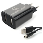 Зарядное устройство CABLEXPERT 12 Вт, 2.4 А, 2 х USB, кабель Type-C, 1 м, черный, коробка-блистер, MP3A-PC-37